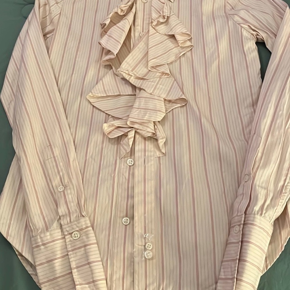 Ralph Lauren Women's Pink Striped Ruffle Shirt - Picture 4 of 5